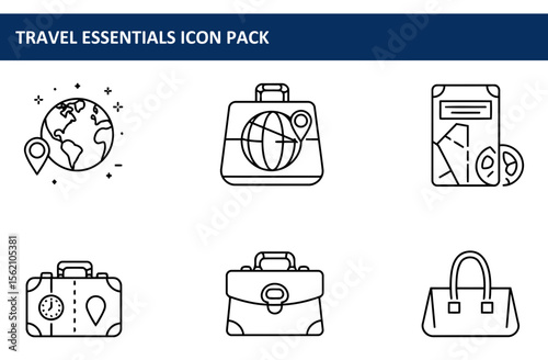 Travel essentials icons depicting a globe with location pin, suitcase, travel map, briefcase, and handbag. Simple line art travel essentials icons for use in a travel planning app or website.