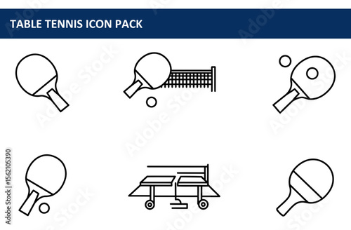 Table Tennis Icon Pack depicting table tennis equipment in a simple, line-art style. Illustrations showcase rackets, nets, and tables, ideal for representing the sport in a clean, vector format.