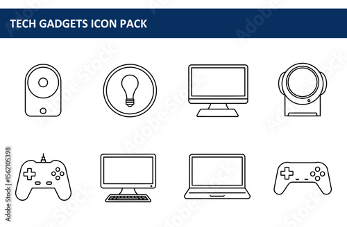 Line art illustration of various tech gadgets in a simple, modern style. Collection of simple icons with a general technical theme.