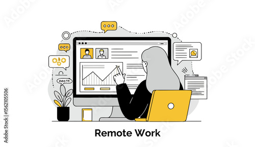 A focused female professional, working remotely from her home office, is analyzing detailed project management data and progress charts displayed on her computer monitor.