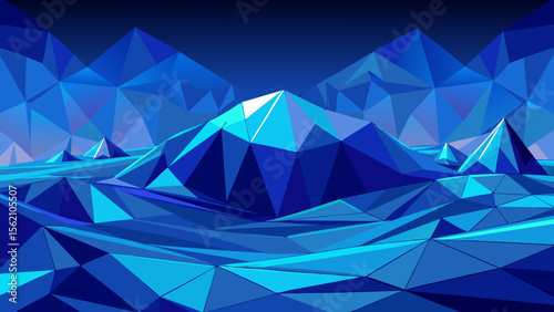 Abstract low poly geometric landscape with blue mountains and valleys