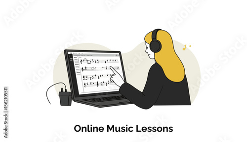 Young woman with light-yellow hair in a black blazer learning music online at home. Focused on a laptop screen displaying music notation.