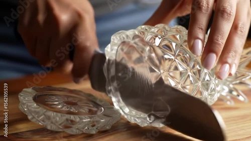 Close-up of hands carefully cutting a decorative glass pineapple centerpiece asmr