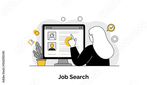 A female job seeker reviewing job application profiles on a computer screen. Searching for employment opportunities in a modern office environment.