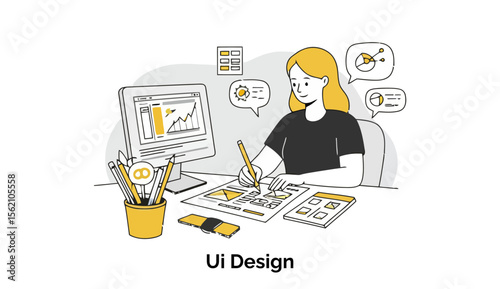 A female UI designer with blonde hair in a black t-shirt sits at a desk, actively working on a UI design project with various documents and a computer screen displaying data graphs in front of her.
