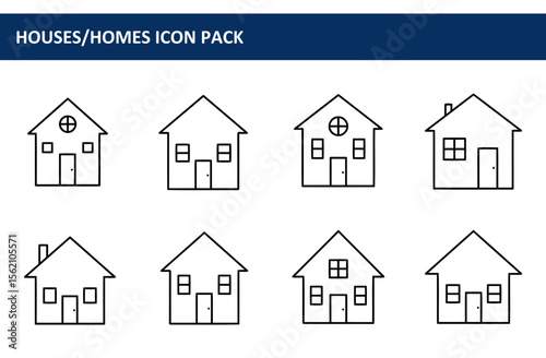 Simple house icons in various styles. Collection of residential property line art illustrations for real estate or design purposes.
