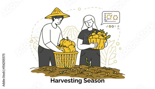 Two farmers in straw hats and casual clothing harvest pumpkins and oranges in a field, showcasing the bounty of the harvest season. Agricultural workers gather a crop in a rural setting.