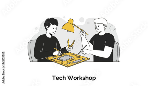 Young male colleagues in casual wear working on a circuit board in a tech workshop setting. Two young men collaborating on a circuit board repair or assembly task at a modern tech workshop.