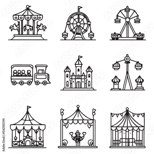 Vector art of a set of amusement park rides and attractions icons are isolated on white background