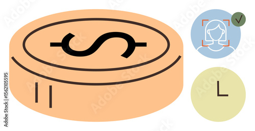 Orange coin with dollar sign, facial recognition approval, and clock icon representing secure transactions. Ideal for digital payment, fintech, security, time management, identification, finance