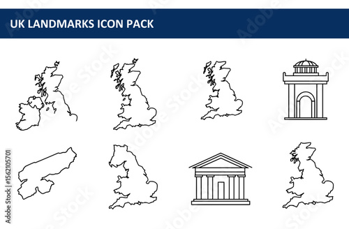 UK Landmarks Icon Pack depicting various UK regions and landmarks in a simple line art style. UK maps and structures for educational and informational use.
