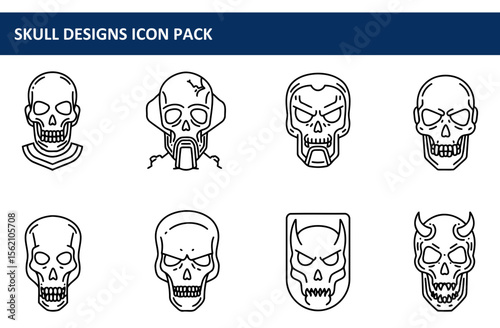 Skull designs icon pack, various styles and details. Set of different skull designs in a simple, outlined style.