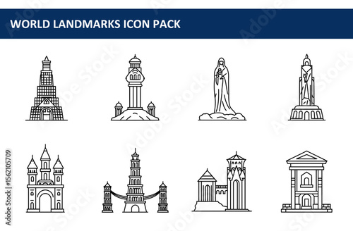 World landmarks icon pack. Outline illustrations of various architectural and religious structures.