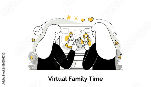 Two adult women in business attire engaging in a virtual family interaction on a computer screen. Women participating in online family time during work hours.
