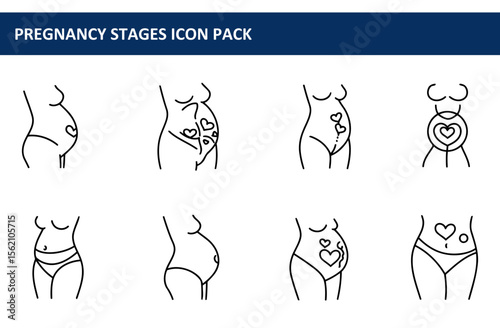 Pregnancy stages icon set showing various stages of a pregnant woman in a simple line drawing style.