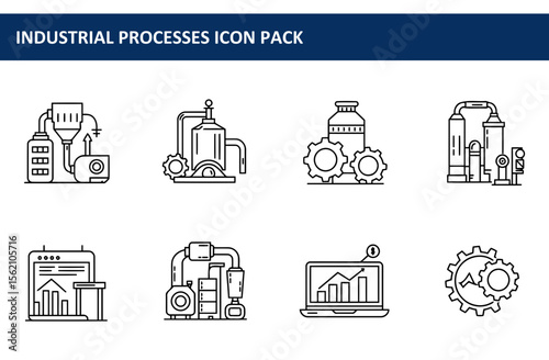 Industrial process icons, various types of industrial equipment with detailed graphic representations of machinery and processes.