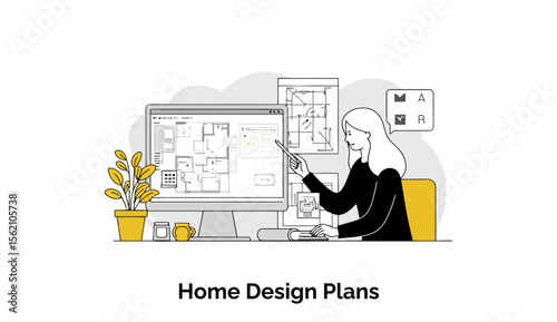 A female home designer in casual office attire, presenting home design plans on a computer screen, using a stylus. Young professional home designer presenting plans in a modern office setting.