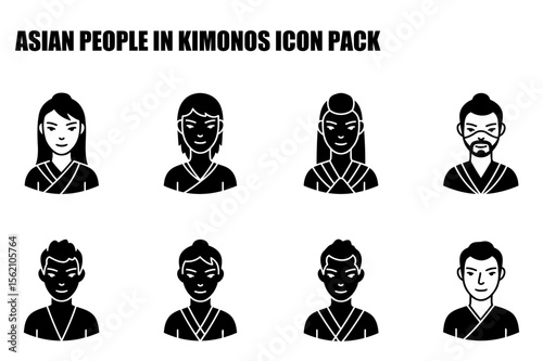 Asian people in kimonos, portrait icons, diverse individuals in traditional attire against a plain background. Professional or cultural figures in traditional Japanese clothing.