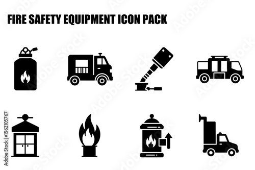 Fire safety equipment icons for various uses in a white background. Silhouette icons showing different aspects of fire safety equipment, showcasing fire trucks, extinguishers, fire hydrants, and more.
