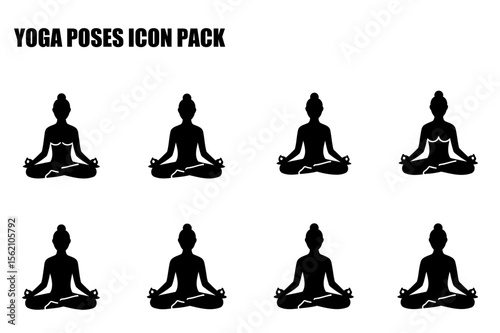 Yoga poses for women in various postures, seated on a plain white background. Female silhouettes in a meditation pose, suitable for yoga studio or wellness-related design projects.
