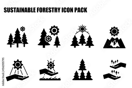 Sustainable forestry icon pack depicting various stages of forest management with a focus on growth and environmental responsibility.