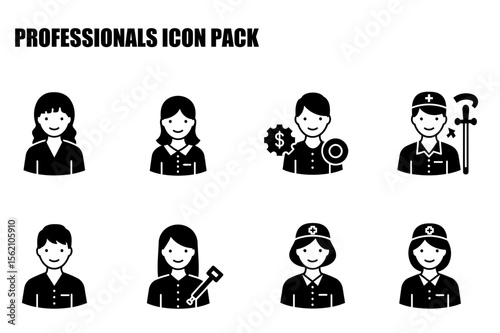 Professional icons depicting diverse individuals in various roles. A collection of stylized black and white icons representing various professions and demographics in a workplace setting.