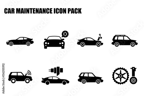 Black and white car maintenance icons for various services. Set of simple, vector illustrations of cars in different repair/maintenance scenarios.