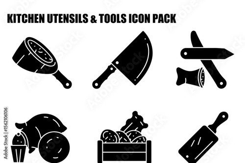 Kitchen utensils and tools icon set showing various tools for cooking and food preparation.