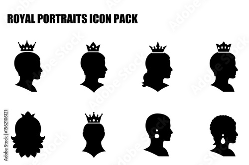Royal portraits of diverse individuals with crowns, in profile view against a white background. Silhouette representations of royalty, for use in various media.
