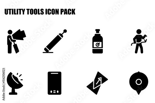 Utility tools icon pack with various tools and objects displayed in a simple, clean design. Simple, functional icons for tools and equipment in a general workplace context.
