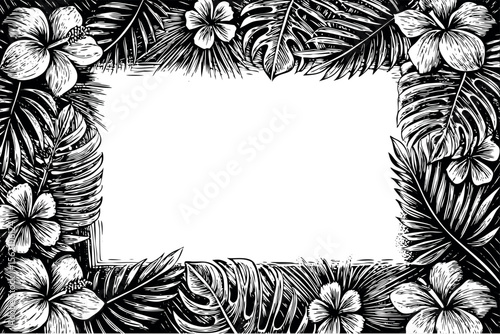 Tropical floral frame with hibiscus flowers and palm leaves in vintage black and white engraving style