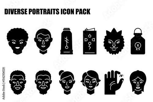 Diverse portraits of various people and objects in a simple, stylized format. Front-facing portraits of diverse individuals, with different hair and facial features.