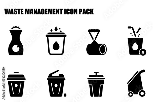 Waste management icons in a set, displaying various waste receptacles and disposal methods. Simple, clean line art illustrations for a guide or educational material.