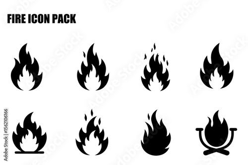 Flat fire icons in various styles. Simple, stylized black icons of flames on a white background.