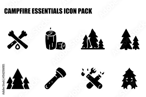 Campfire essentials icon pack showing firewood, trees, a lantern, and a campfire.