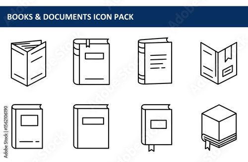 Books and documents icons in various orientations. Line art illustrations of open and closed books with bookmarks, presented in a simple, modern style.