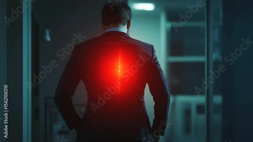 Man in formal clothing experiencing severe lumbar pain, shown by red glow at the lower back lower back stress, office posture problem, backache illustration, corporate health conc
