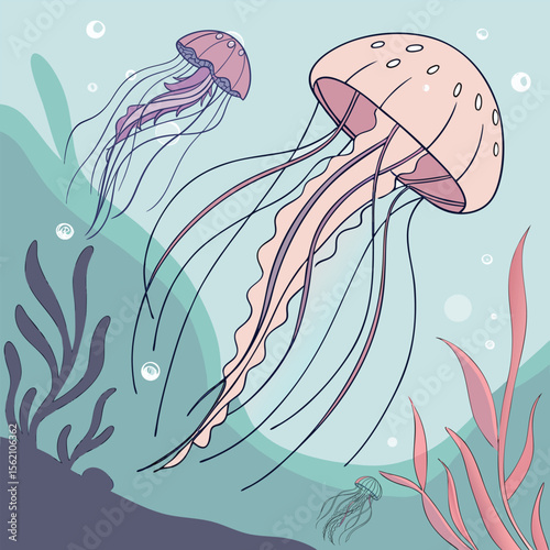 A vector illustration of a cheerful rainbow jellyfish with glowing tentacles, floating in a neon sea.
