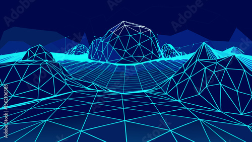 Abstract glowing blue wireframe landscape with geometric mountains and grid pattern