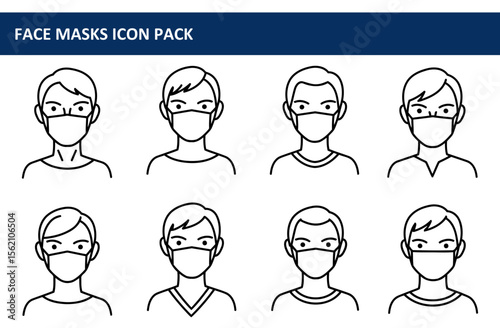 Adult male illustrations wearing face masks, various hairstyles, casual clothing. Portraits of individuals wearing facemasks against a plain background, showing general public health compliance.