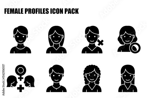 Female profiles in various styles of clothing and hair. Icons depicting diverse female figures with different hairstyles and potential social media or web profile elements.