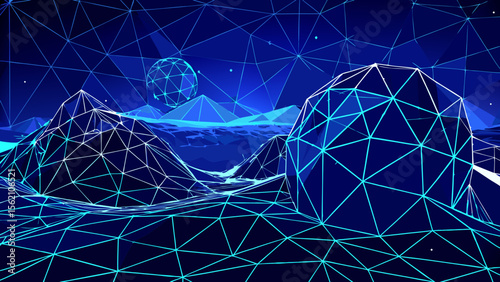 Abstract geometric landscape with glowing blue wireframe mountains and a celestial sphere
