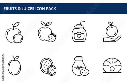 Fruits and juices icon pack depicting various fruits and juices in a simple line art style.