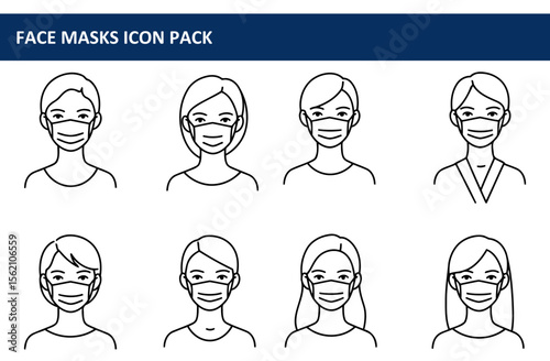 Adult female representations wearing face masks in various hairstyles and clothing. Neutral poses, simple line art style, with a white background.
