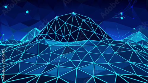 Abstract glowing blue wireframe network over a low poly mountain landscape