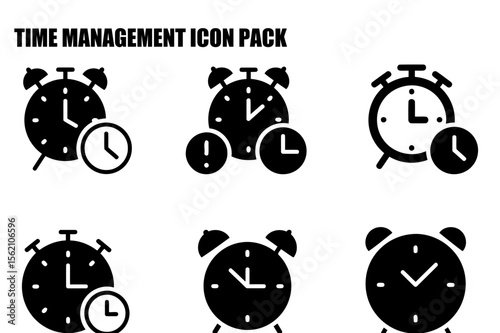 Black and white time management icons set of alarm clocks and clocks. Simple, geometric illustrations of various timekeeping tools displayed against a plain white background.