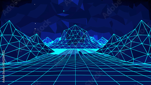 Retro 80s synthwave neon wireframe landscape with mountains and grid road
