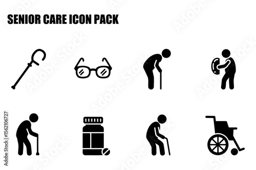 Senior care icon pack depicting various assistive devices and actions. Simple, stylized icons illustrating seniors using canes, glasses, medication, and wheelchairs.