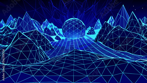 Abstract glowing blue wireframe landscape with a central geodesic sphere and mountains