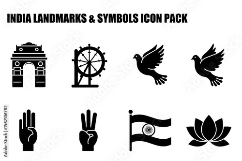 India landmarks and symbols icon pack featuring diverse cultural elements. Black silhouettes of architectural monuments, transportation, animals, flags, and nature.